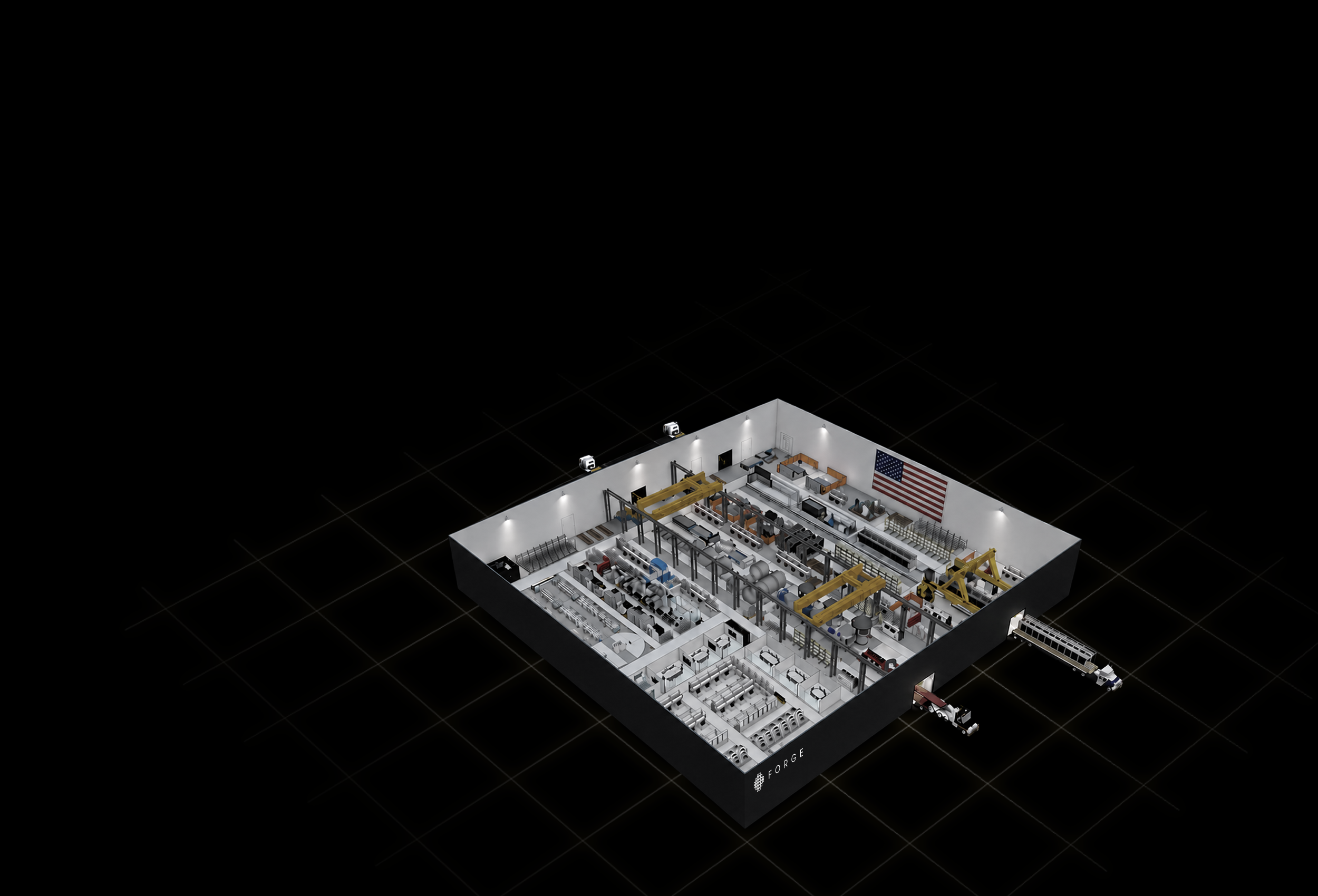 A cutaway isometric view of a Forge factory floor at night, showing assembly lines, overhead gantry cranes, a FORGE-branded exterior wall, an American flag, and trucks loading at the dock
