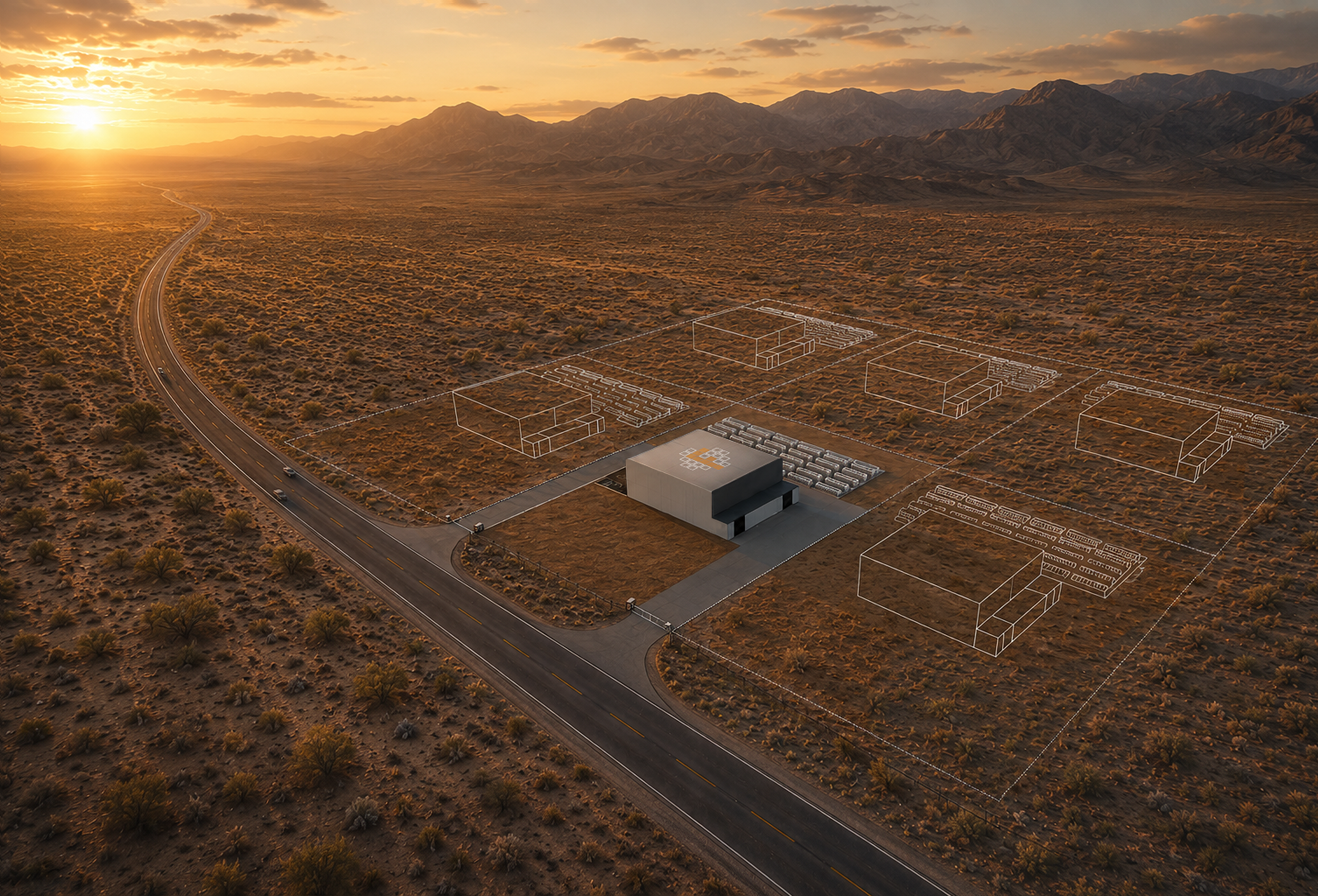 Aerial view of a Forge site at sunset along a desert highway, showing one built plant with wireframe outlines of future plant plots on the surrounding lots