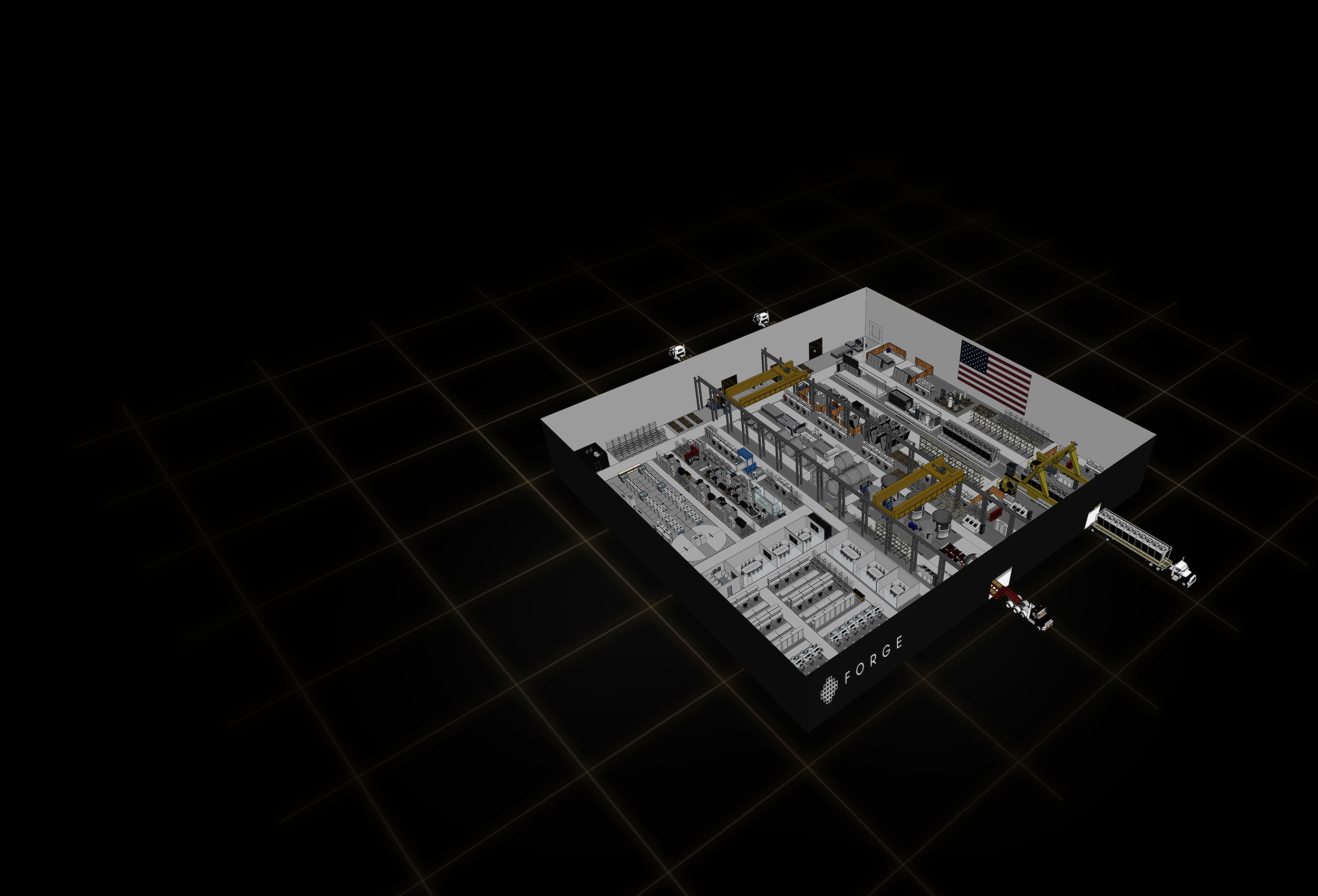 A cutaway isometric view of a Forge factory floor, showing assembly lines, overhead gantry cranes, a FORGE-branded exterior wall, an American flag, and trucks loading at the dock