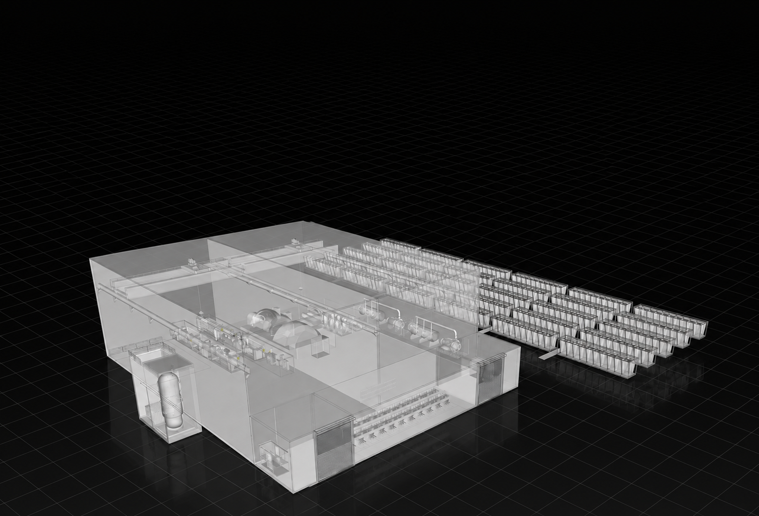 Transparent ghosted isometric view of the full Ember plant, showing the reactor building's internal equipment beside an extended array of dry-cooling fin units
