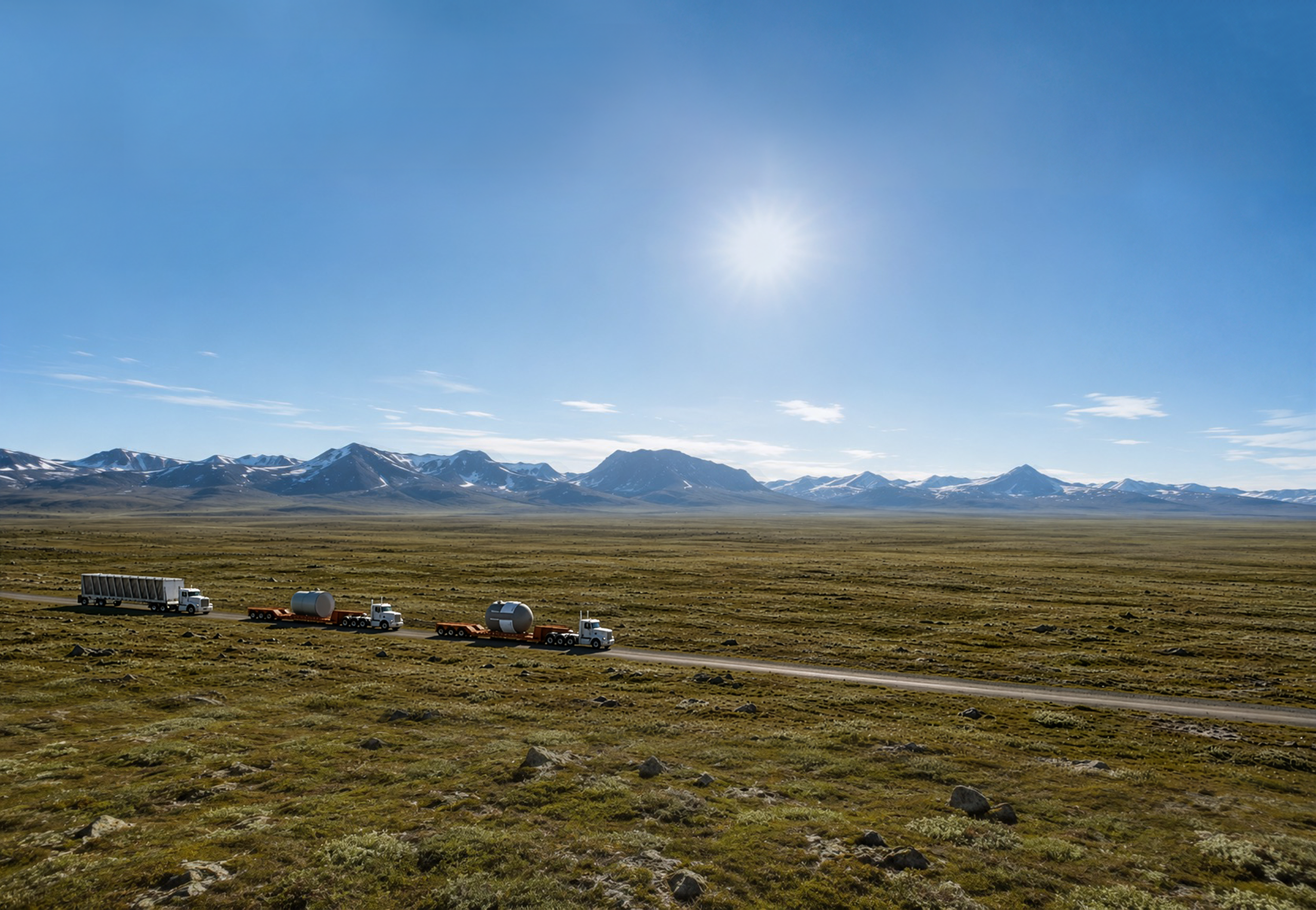 A caravan of three semi trucks hauling reactor components across open tundra toward a distant mountain range