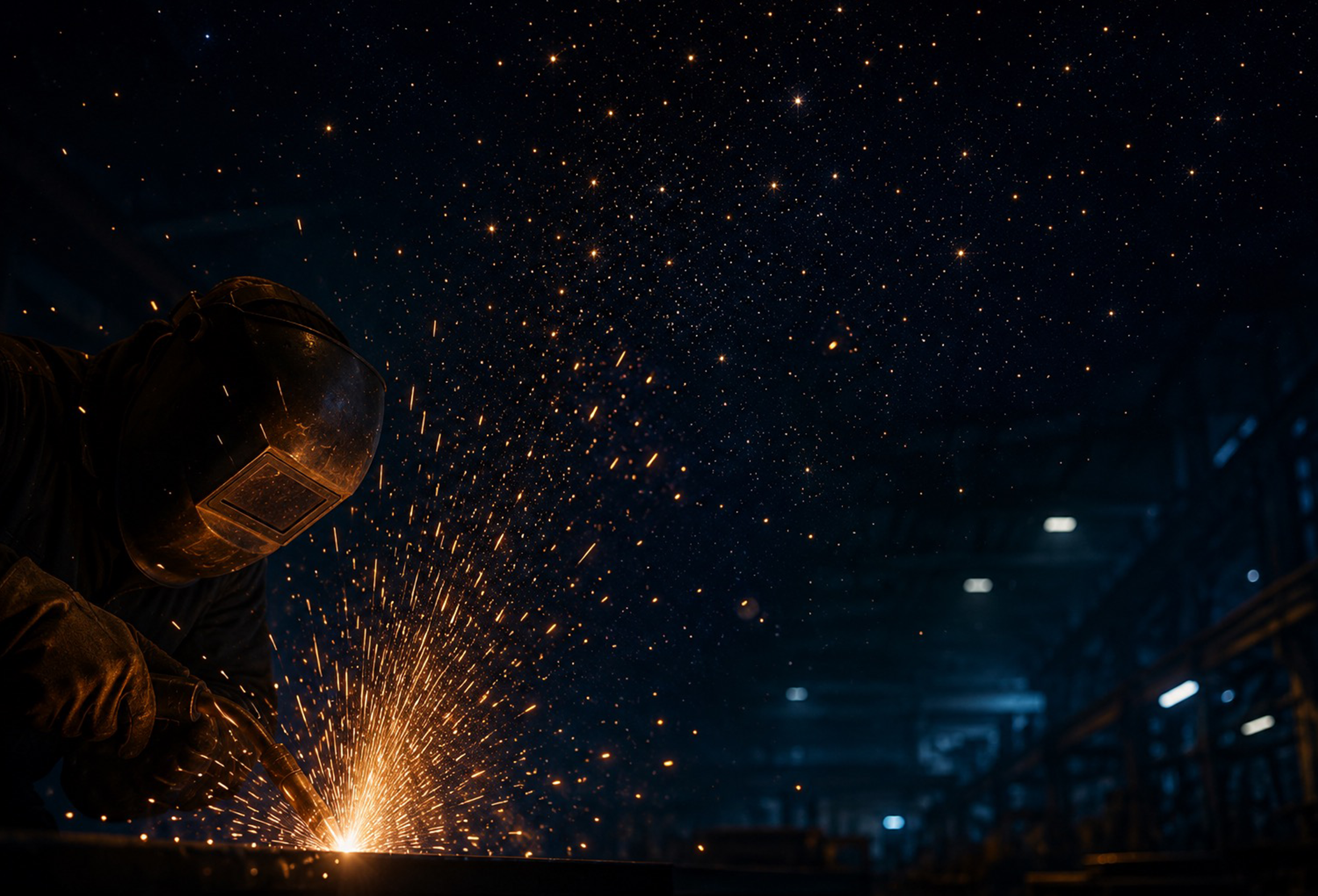 A welder at work, sparks arcing upward into a night sky like stars