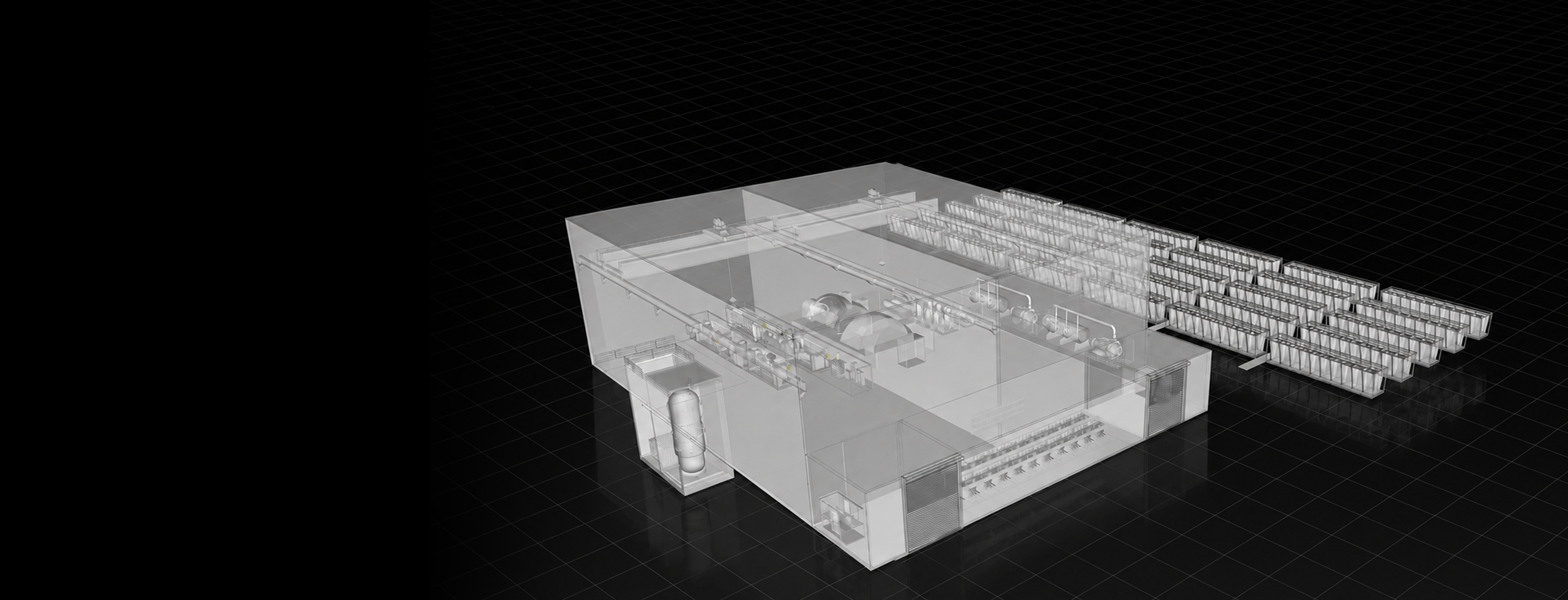 Transparent ghosted isometric view of the full Ember plant, showing the reactor building's internal equipment beside an extended array of dry-cooling fin units