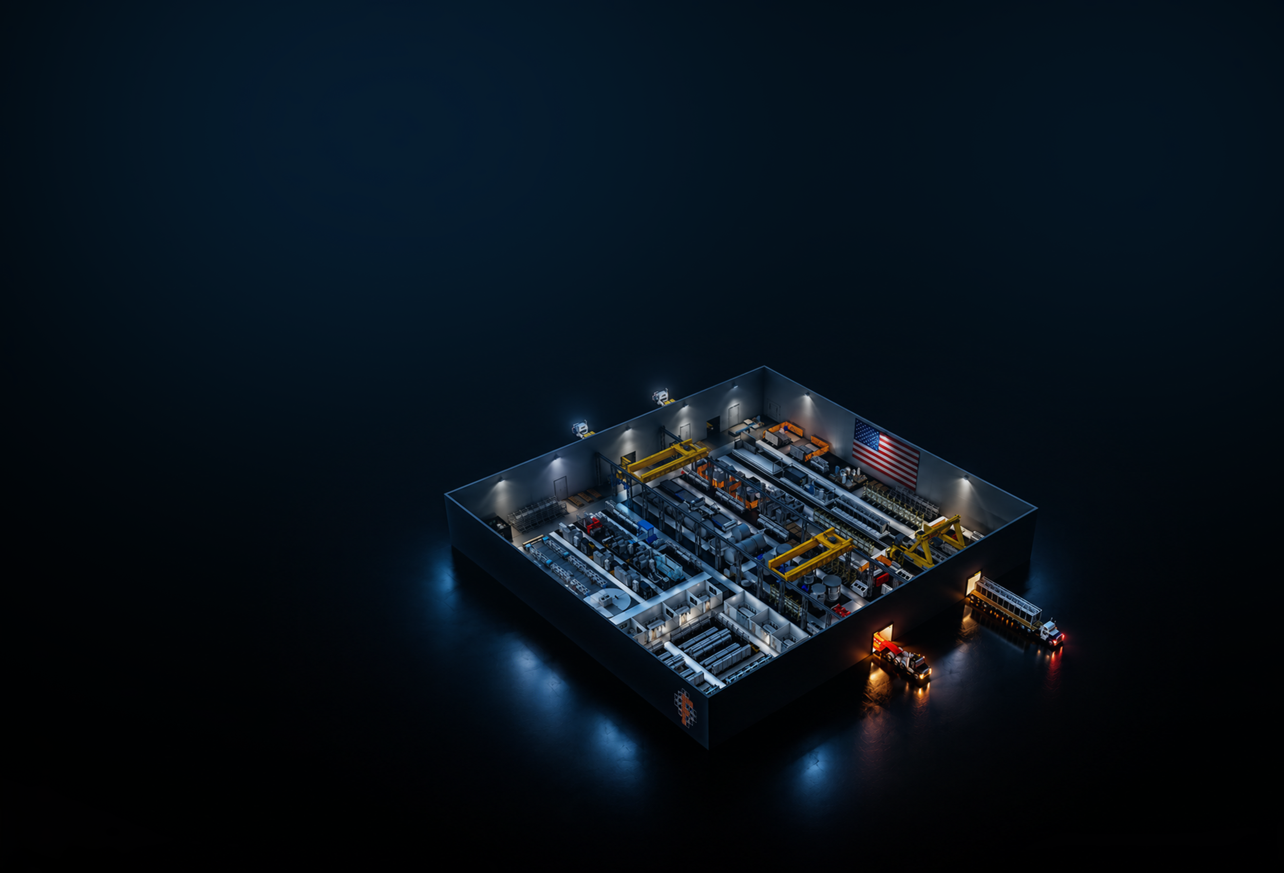 A cutaway isometric view of a Forge factory floor at night, showing assembly lines, robotic arms, an American flag, and trucks loading at the dock