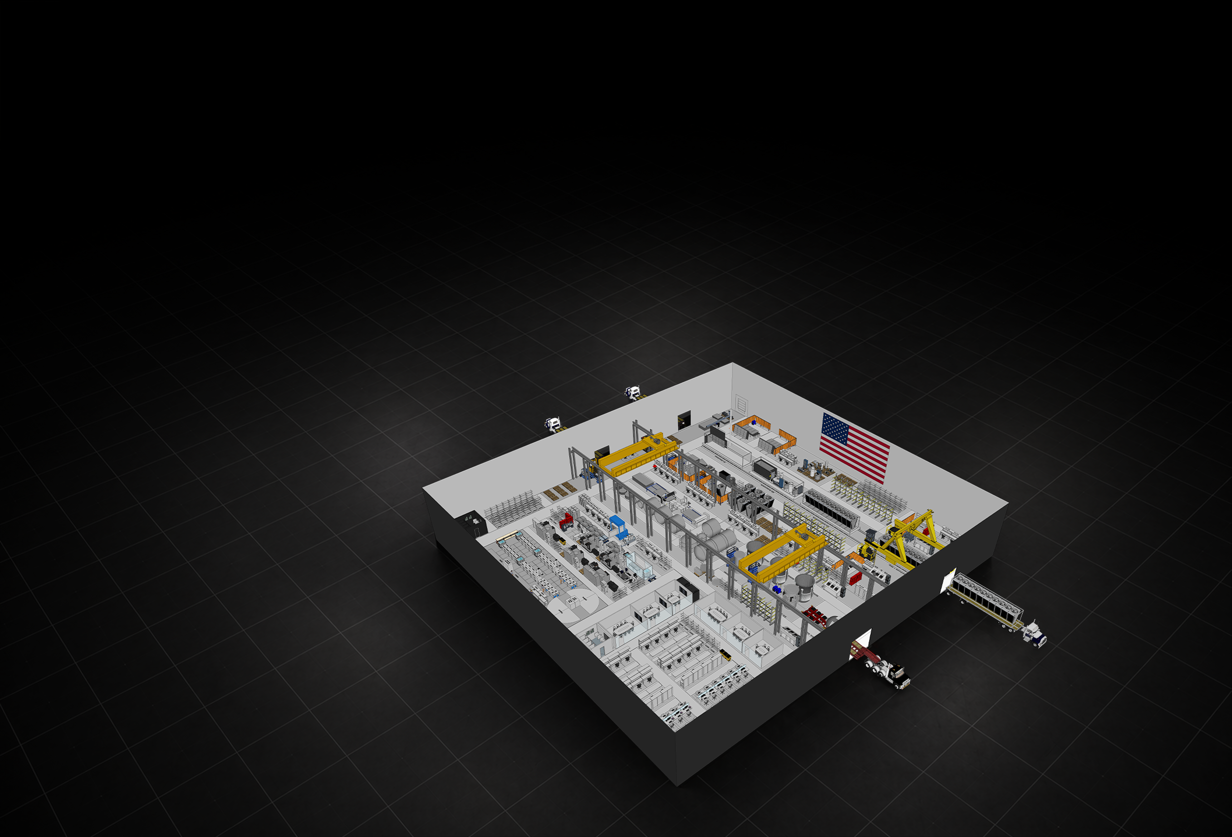 A cutaway isometric view of a Forge factory floor at night, showing assembly lines, overhead gantry cranes, an American flag, and trucks loading at the dock