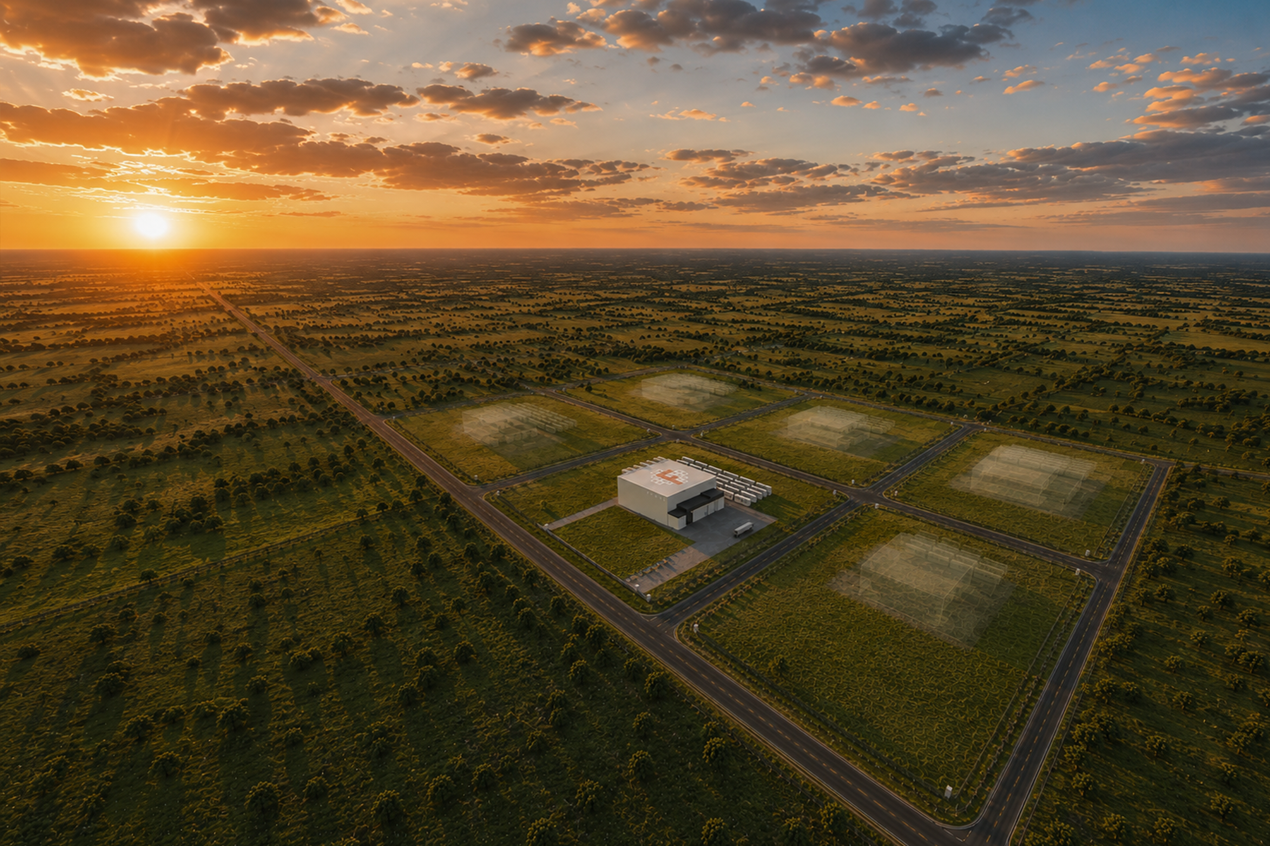 A Forge plant at sunset with ghosted outlines of future identical plants multiplying across the surrounding grid