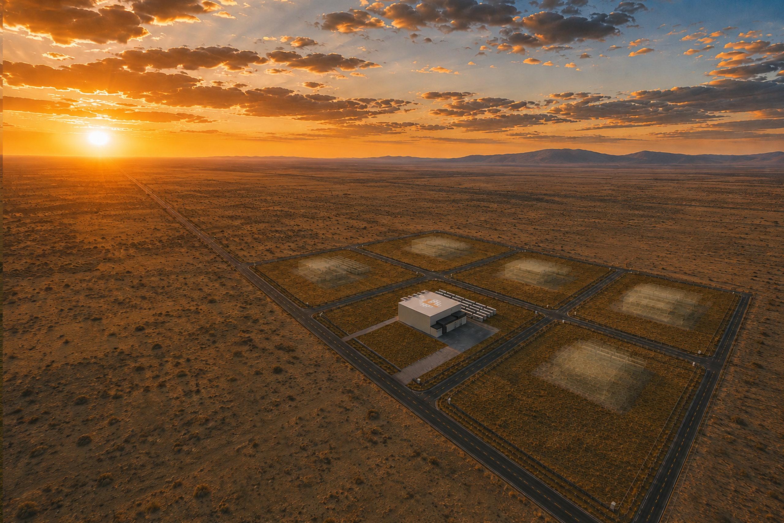 Aerial view of a Forge site at sunset, showing one built plant beside several ghosted future plant plots laid out along an access road in open desert