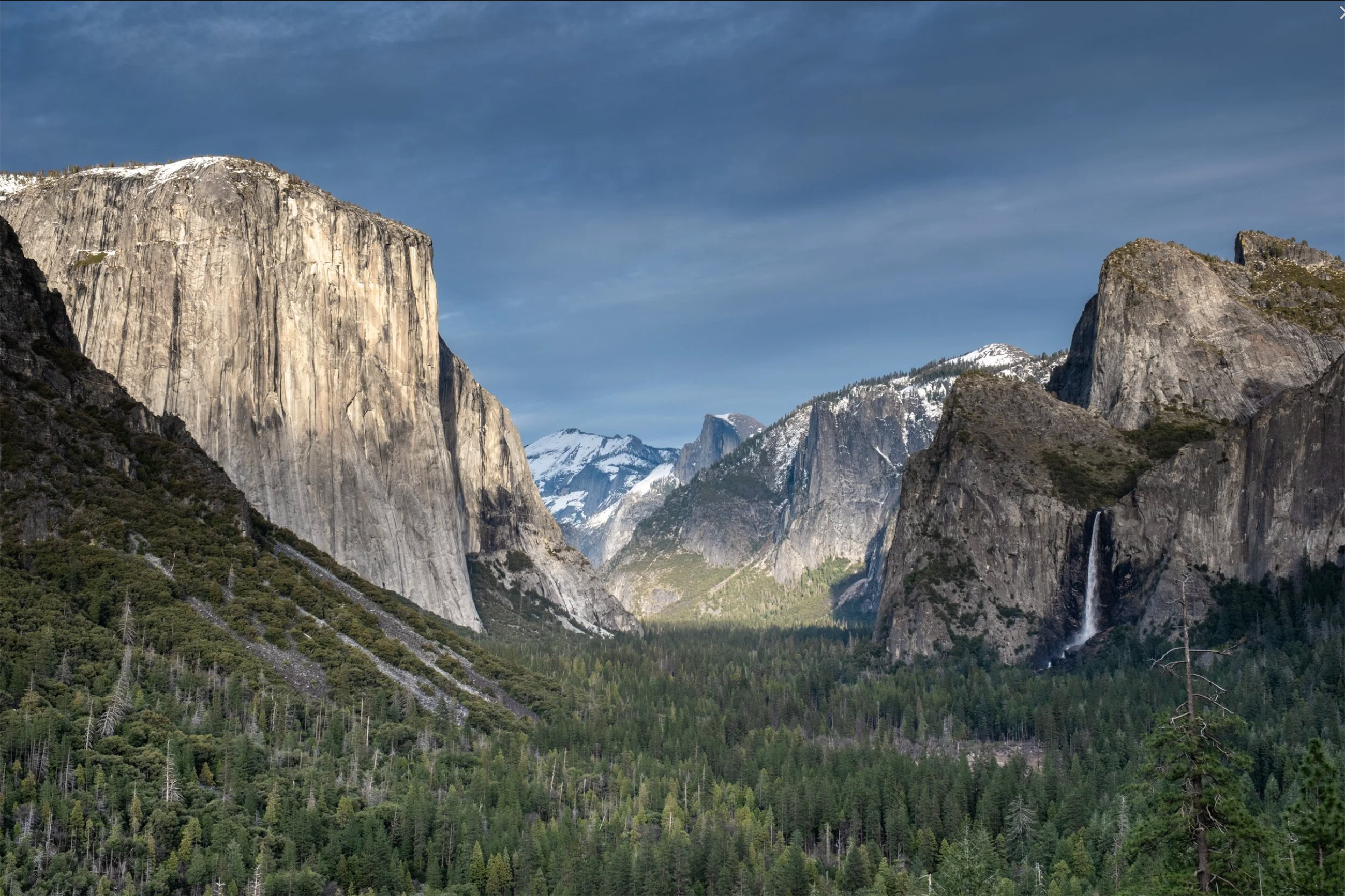 Yosemite Valley, El Capitan rising above forest with snow-covered peaks beyond