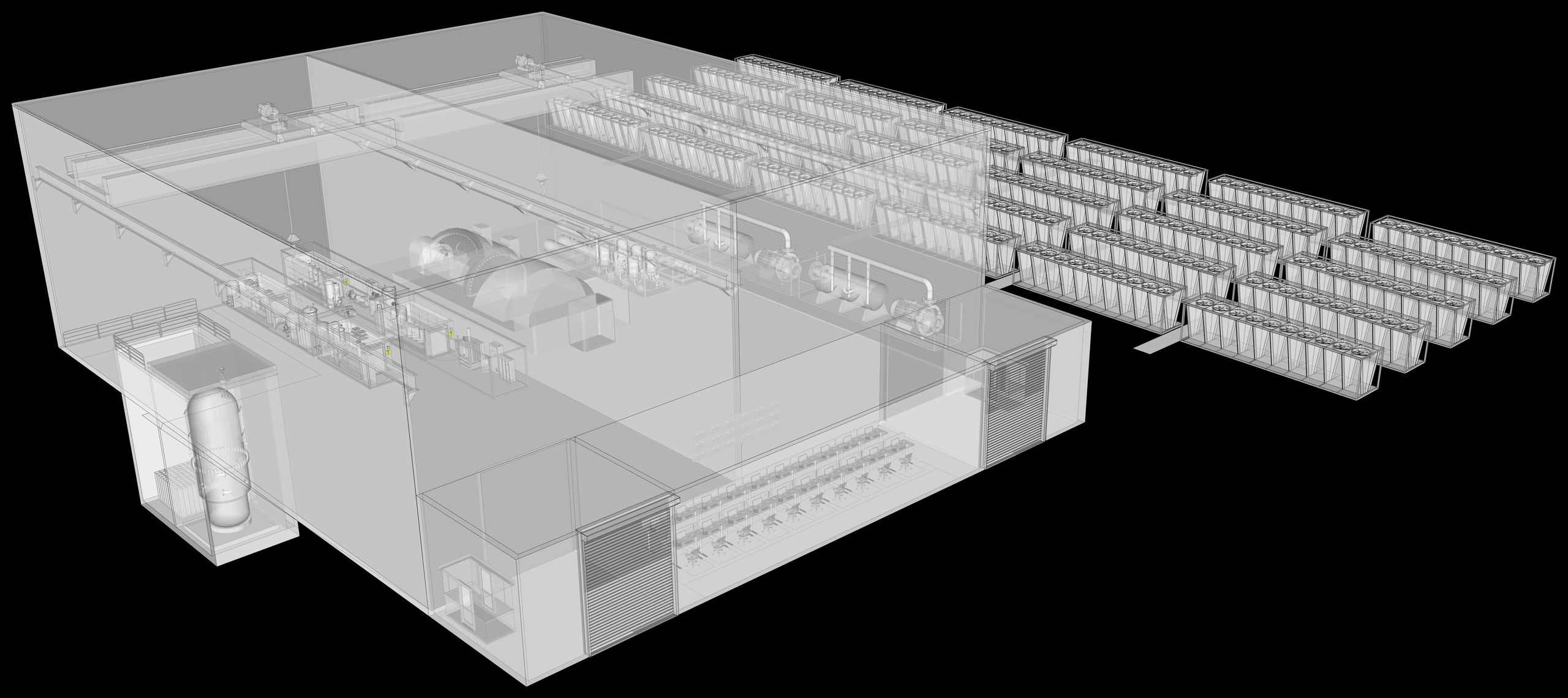 Transparent isometric cutaway of the full Ember plant: the below-grade reactor vessel, turbine hall with power-conversion equipment, control room, and rows of dry-cooling units alongside