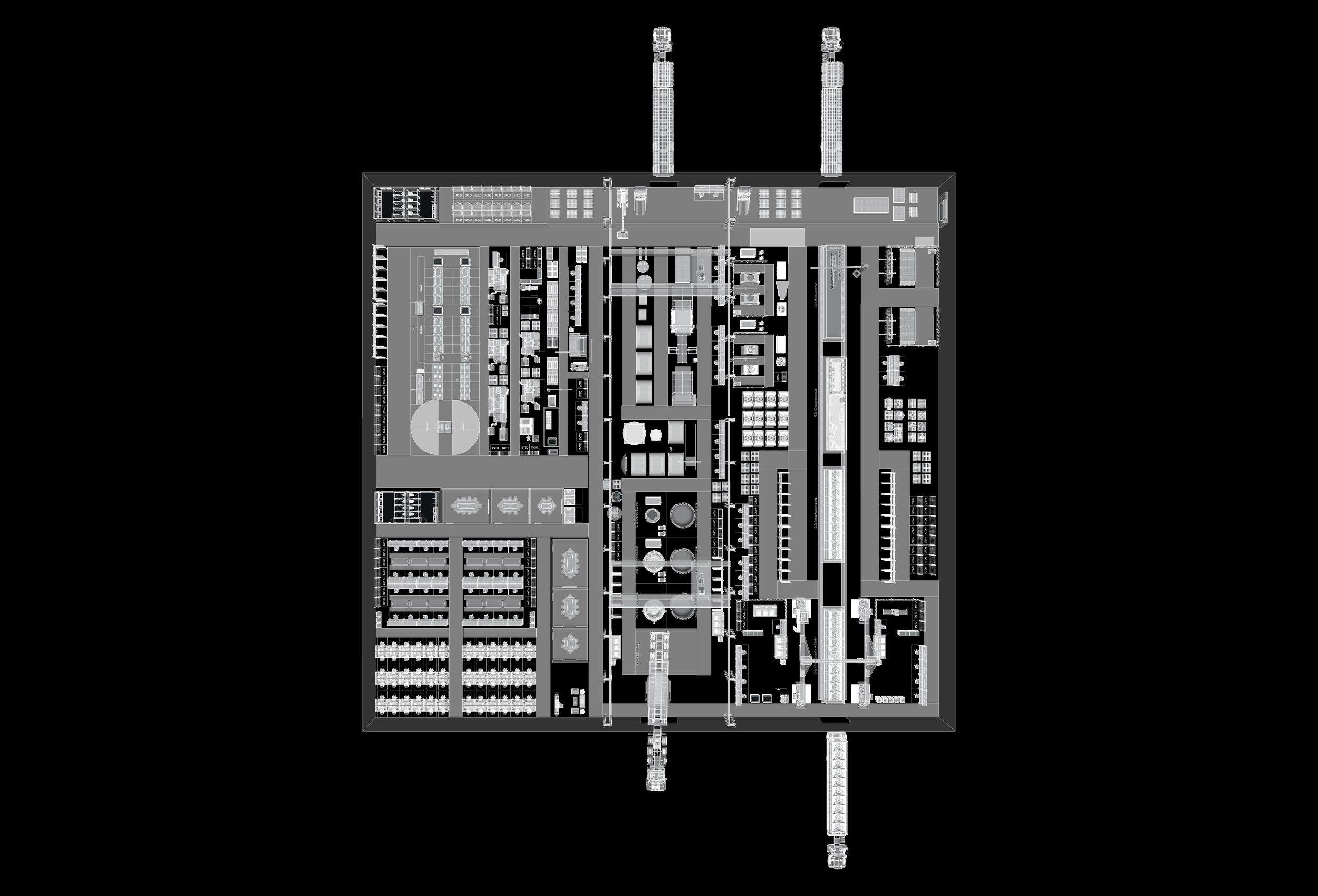 Top-down floor plan of the factory, showing workstations, assembly bays, and material flow