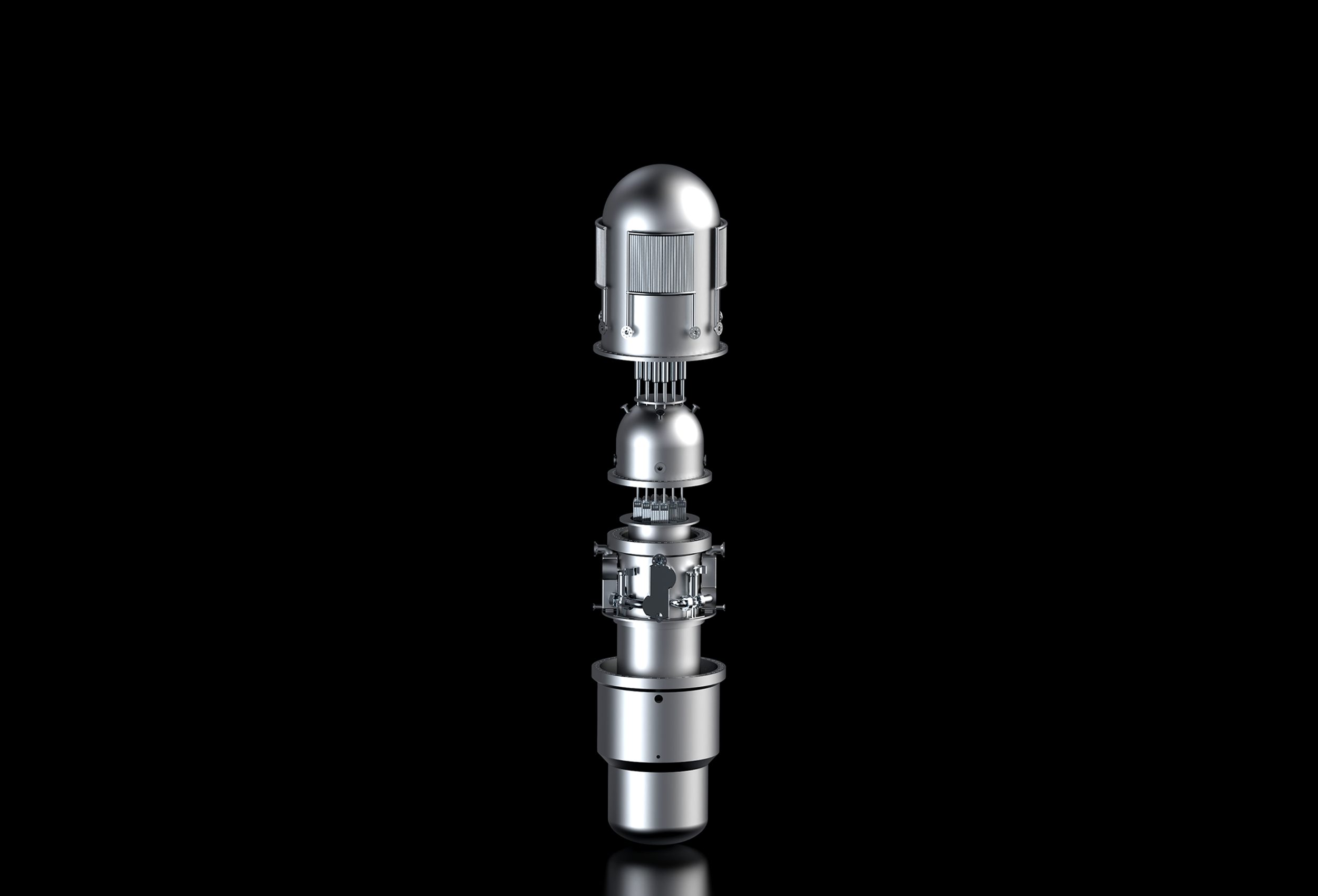 Exploded view of the reactor pressure vessel and head assembly, separated into stages