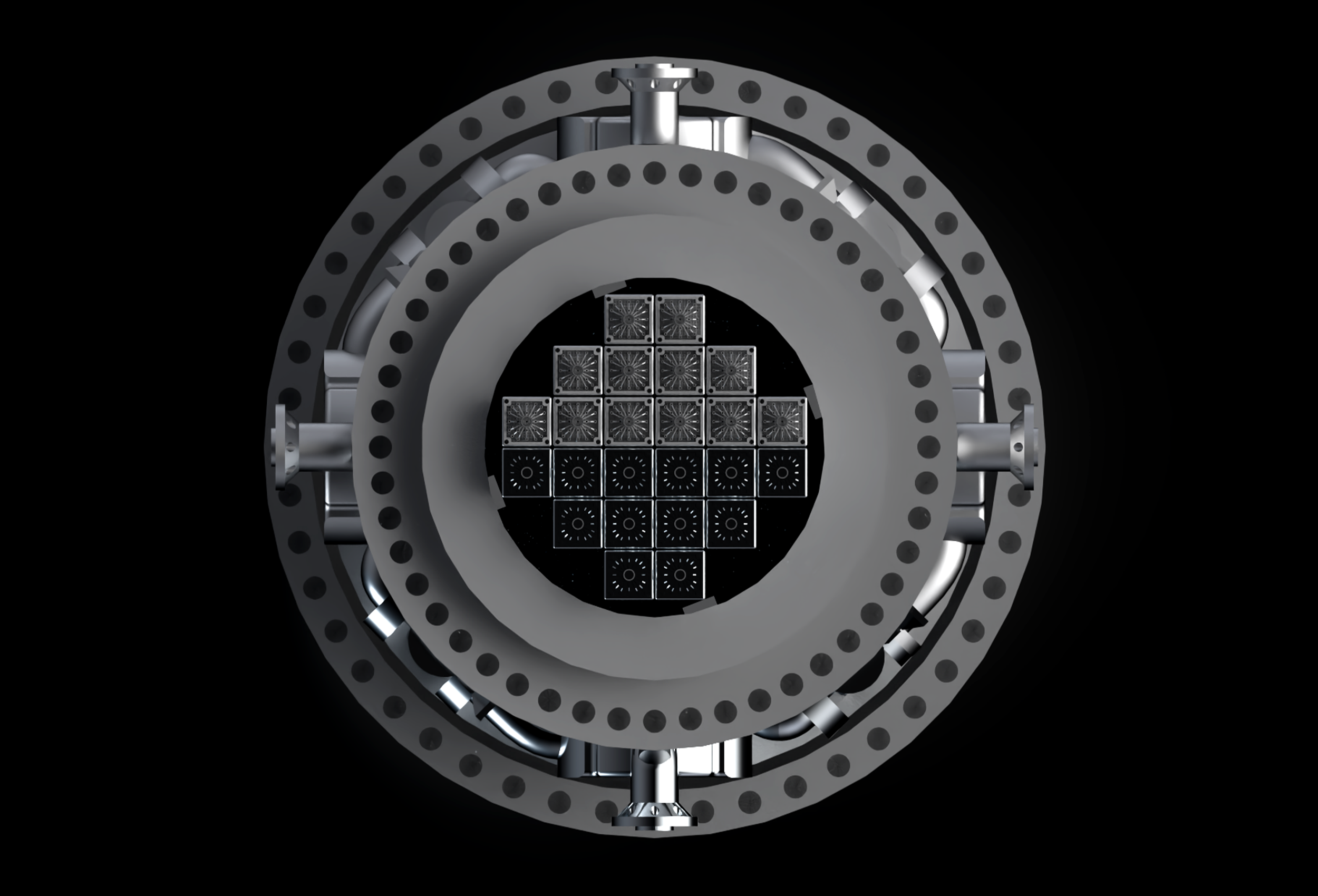 Top-down cutaway of the reactor vessel showing the core's fuel assembly grid pattern