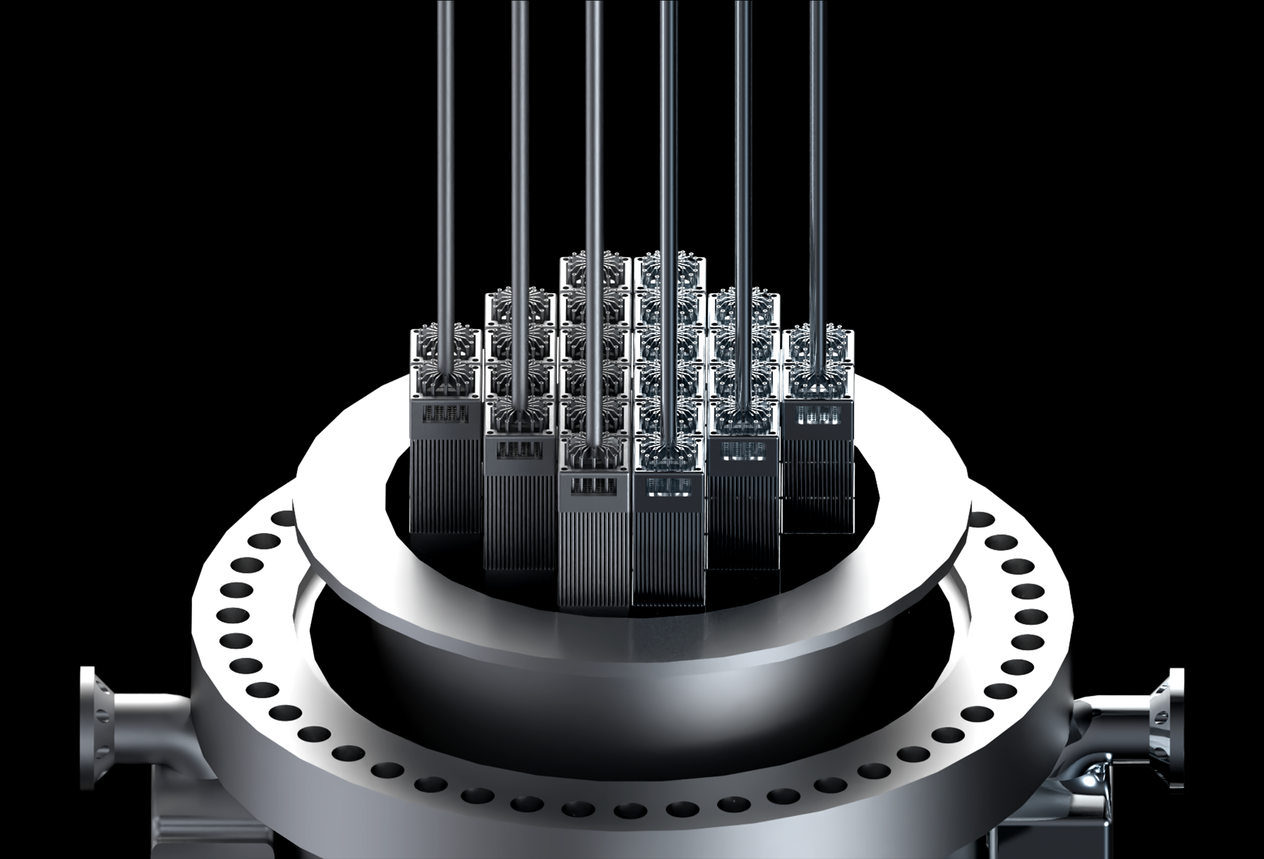 Close-up of the fuel assembly bundles with control rod drive shafts extending upward