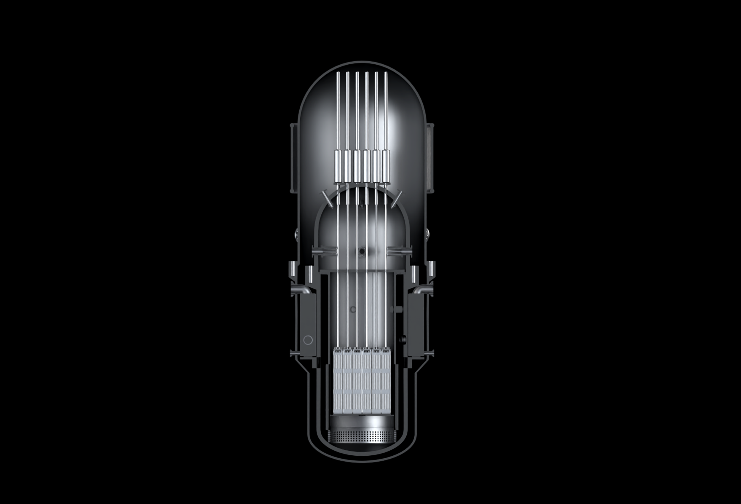 Full cutaway of the reactor vessel showing the control rod drives, fuel assemblies, and lower core support