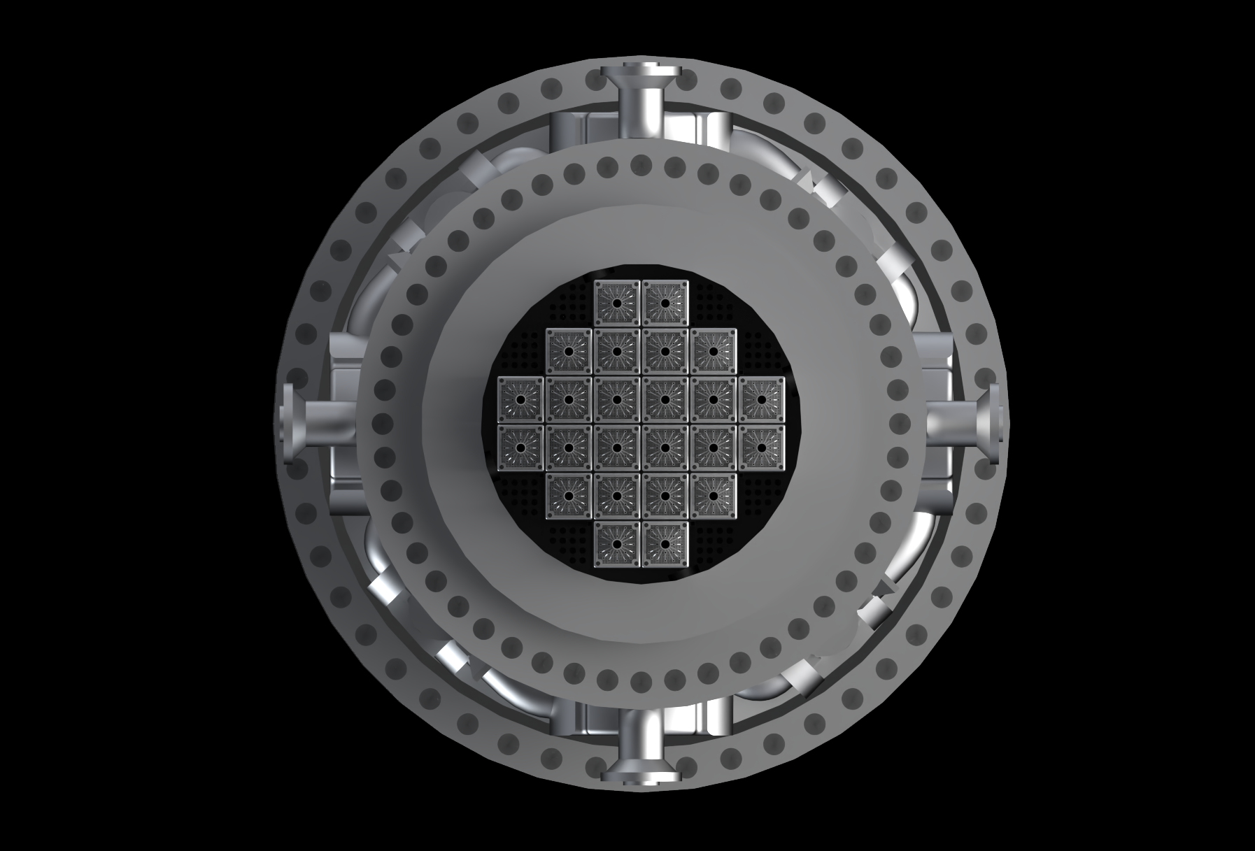 Top-down view into the open reactor vessel, showing the flange bolt circle, coolant nozzles, and the core's fuel assembly grid