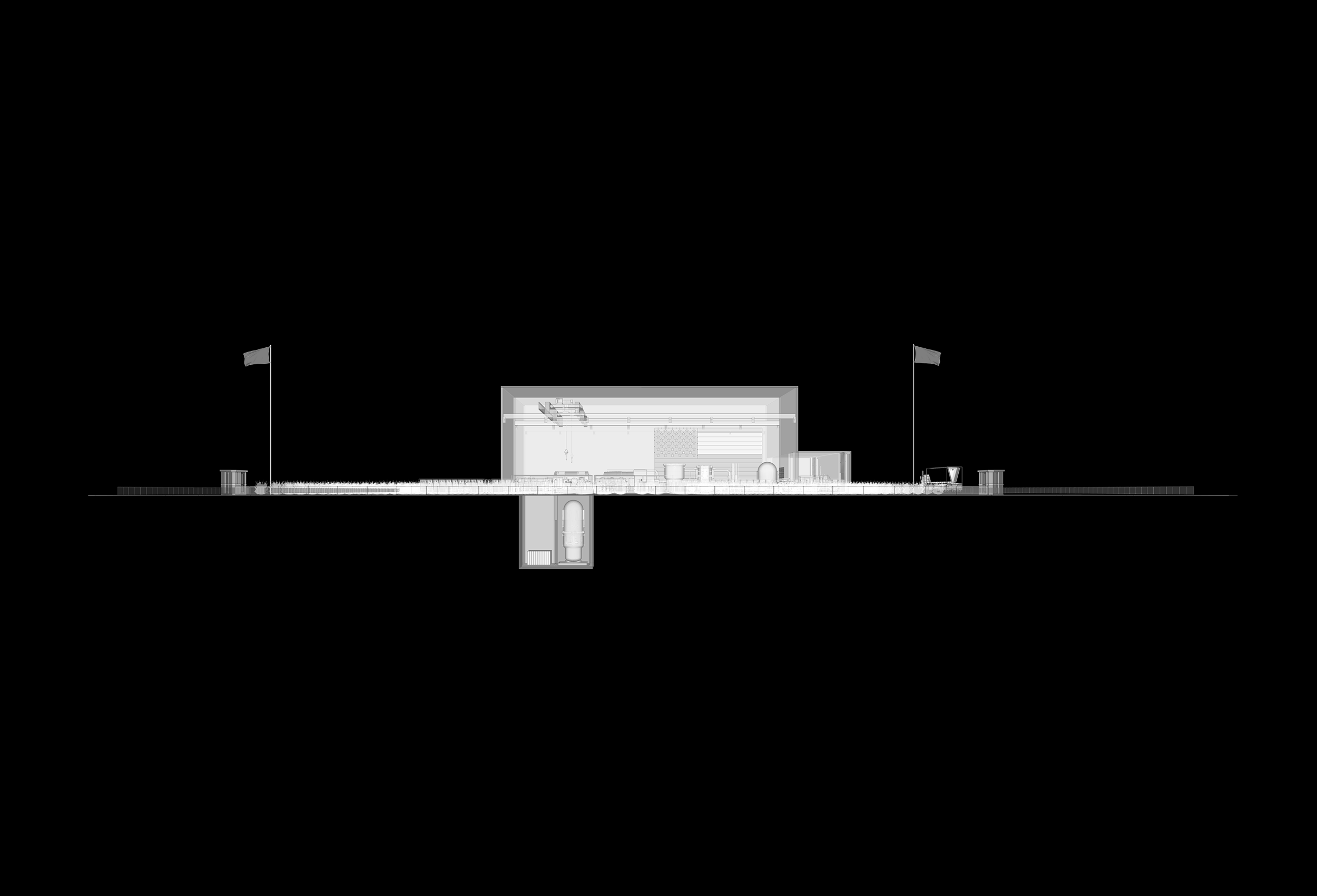 Cross-section elevation of the plant, showing the below-grade containment structure beneath ground level