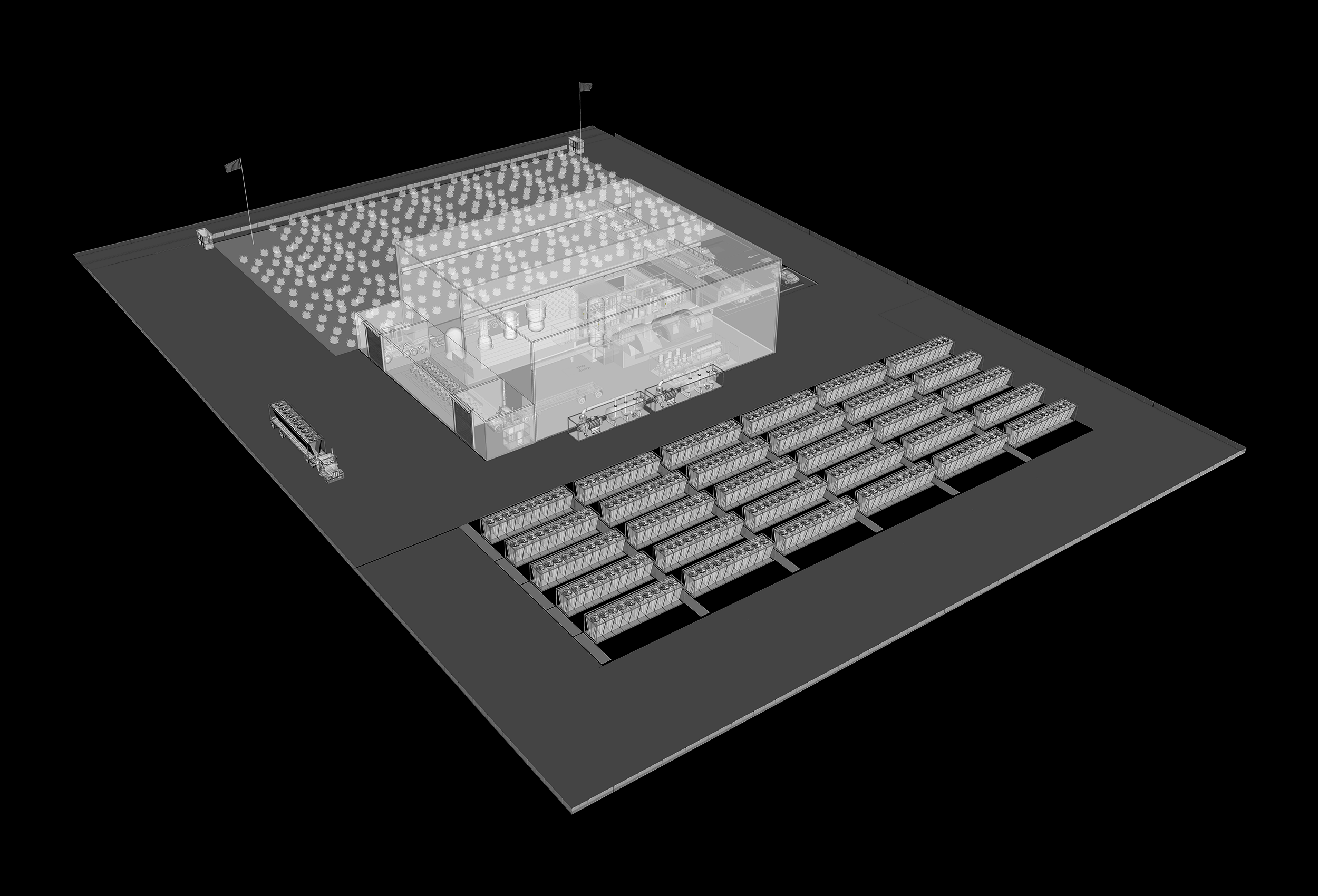 Wide isometric view of the full site plan, including the plant building and rows of air-cooled chiller units
